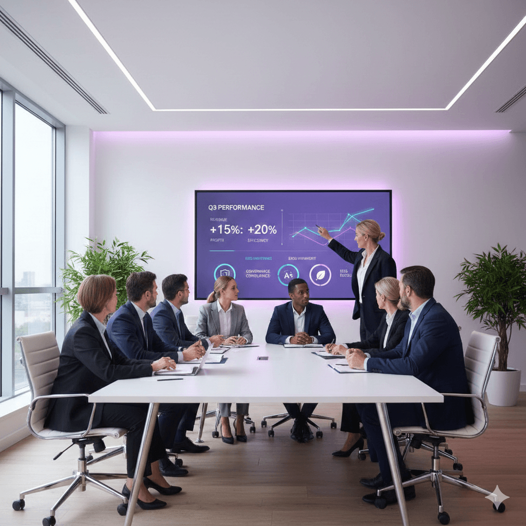 Operations leaders reviewing KPI dashboards with trend lines, anomaly alerts, and governance badges